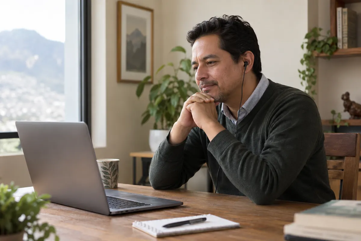 Hombre escuchando una conversación online con audífonos.
